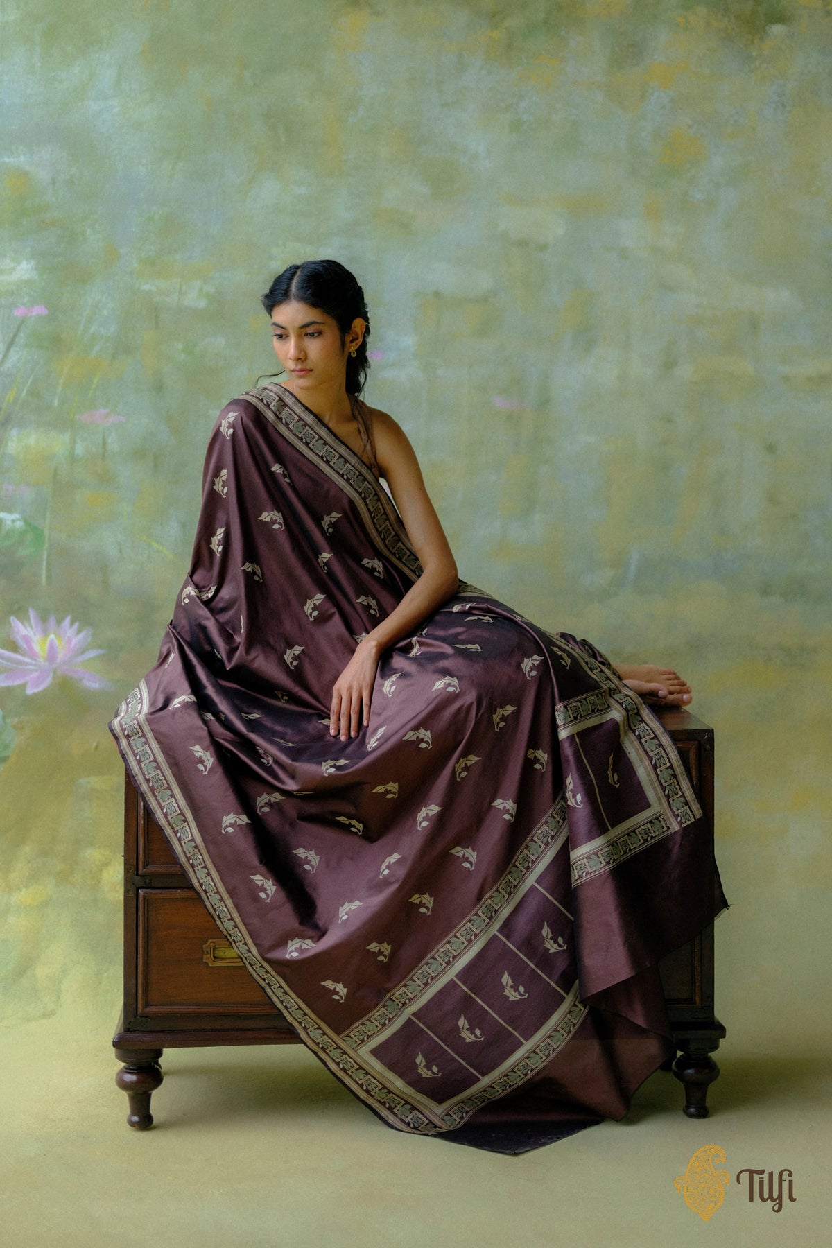 'Flora' Brown Pure Katan Gheecha Silk Banarasi Handloom Saree