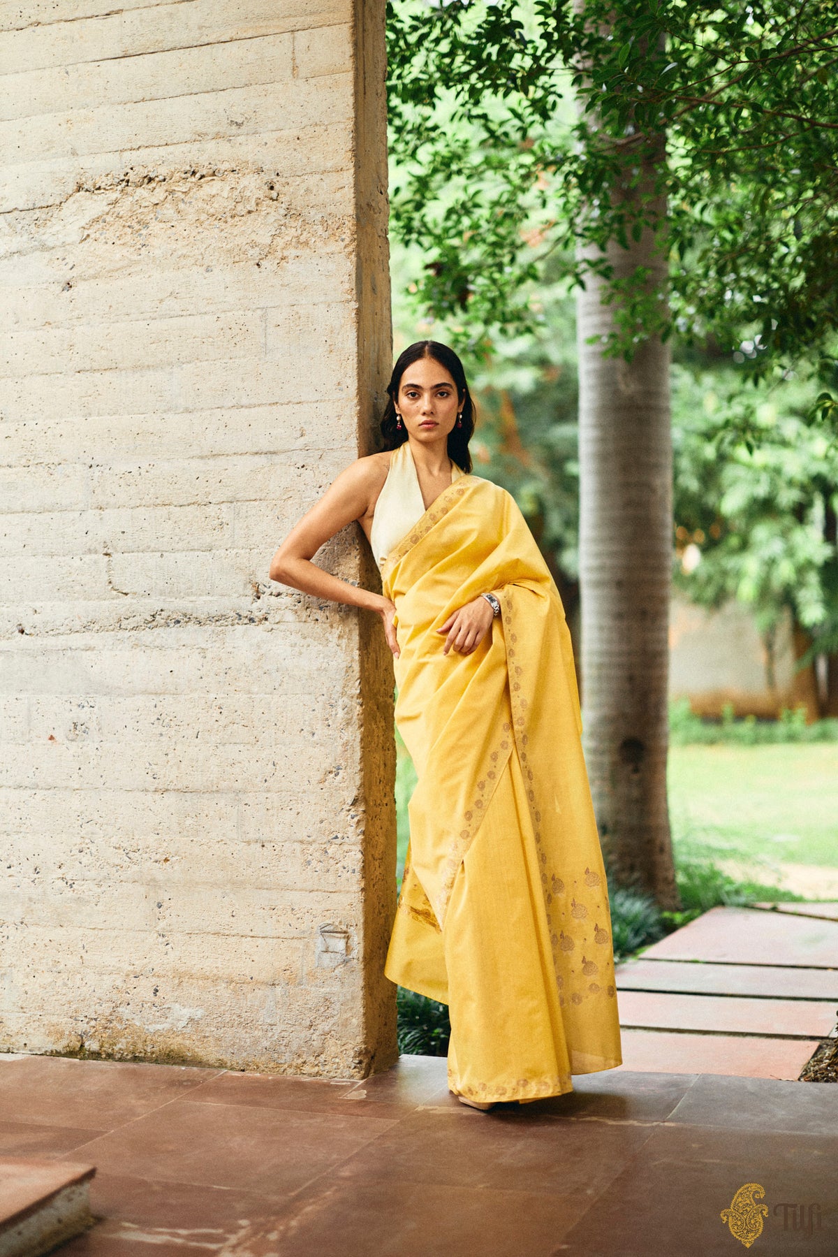 'Zinnias & Butterflies' Yellow Pure Kora by Cotton Banarasi Handloom Saree