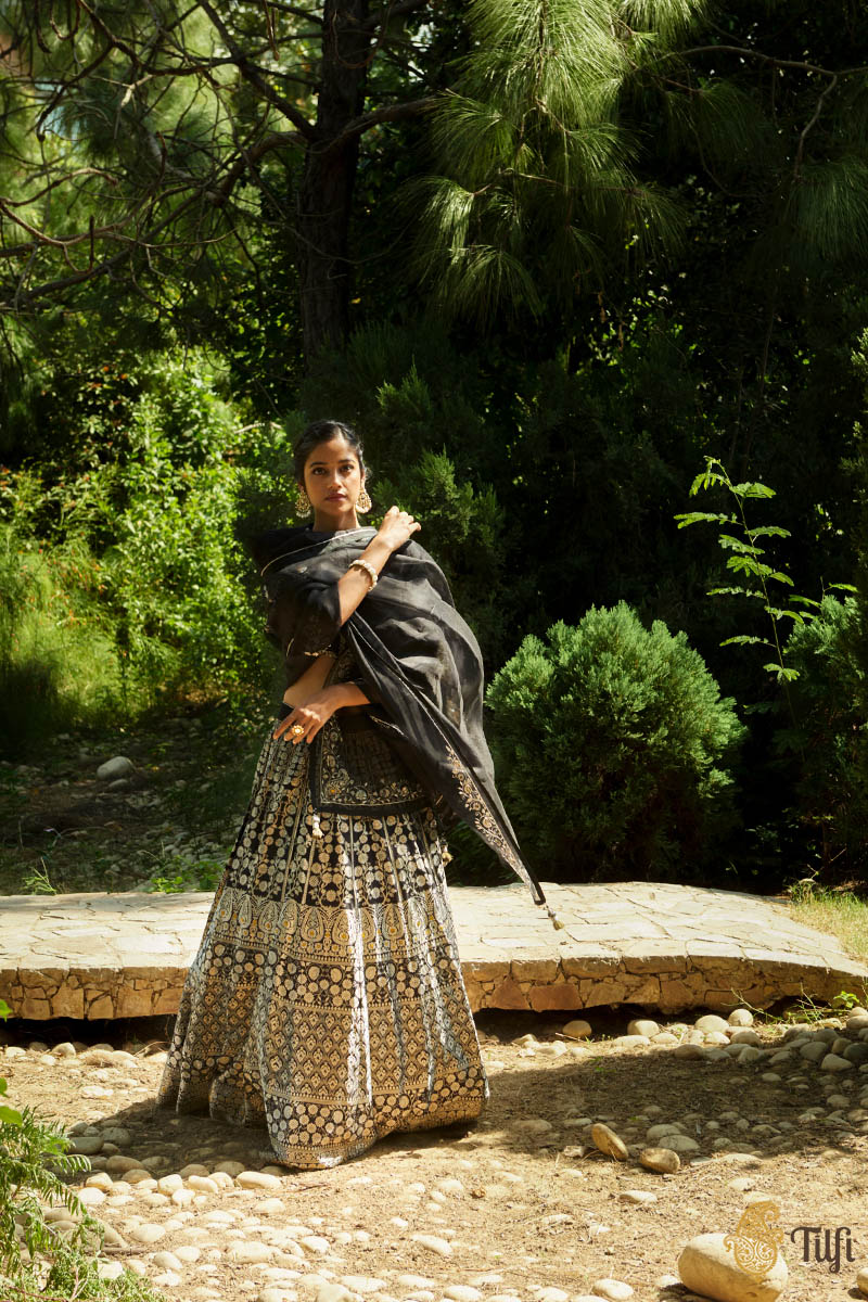 'Firdaus' Black Pure Katan Silk Banarasi Handloom Lehenga Set