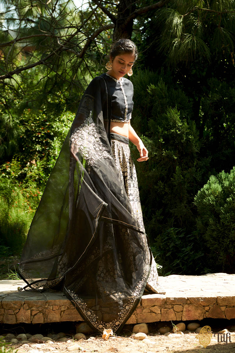 'Firdaus' Black Pure Katan Silk Banarasi Handloom Lehenga Set