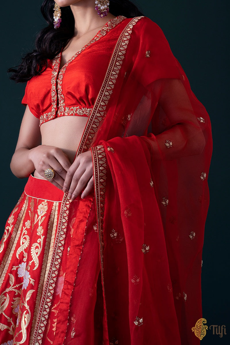 Red Pure Katan Silk Banarasi Handloom Made-To-Measure Lehenga