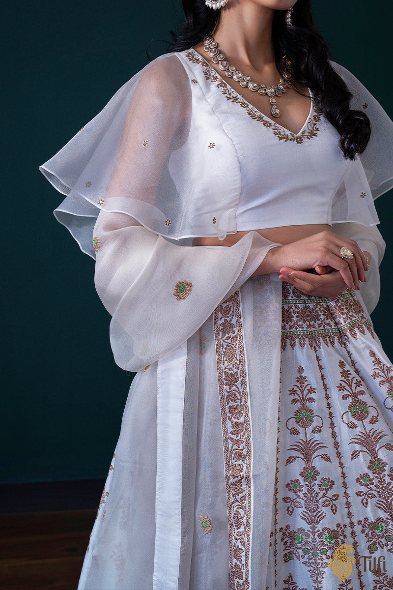 'Nargis' White Pure Katan Silk Banarasi Handloom Lehenga Set