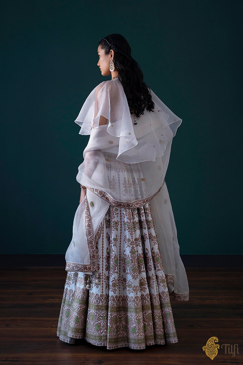 'Nargis' White Pure Katan Silk Banarasi Handloom Lehenga Set