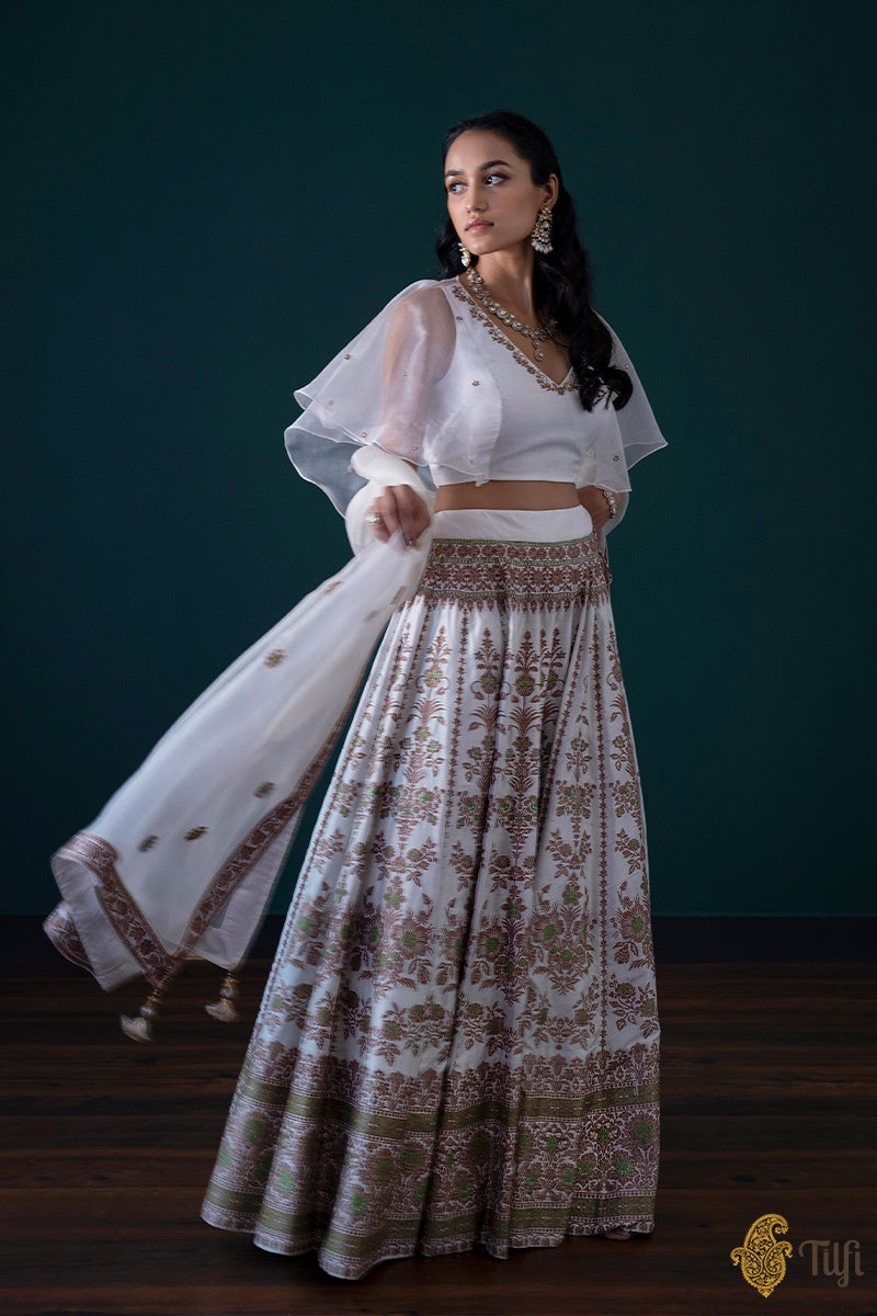 'Nargis' White Pure Katan Silk Banarasi Handloom Lehenga Set