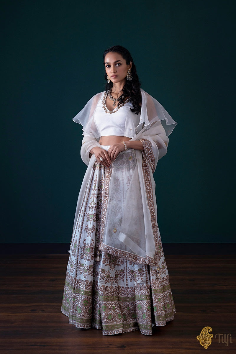 'Nargis' White Pure Katan Silk Banarasi Handloom Lehenga Set