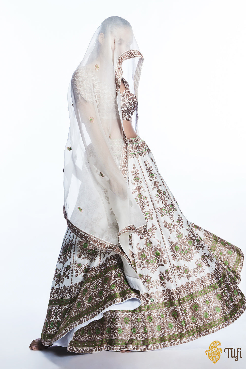 'Nargis' White Pure Katan Silk Banarasi Handloom Lehenga Set