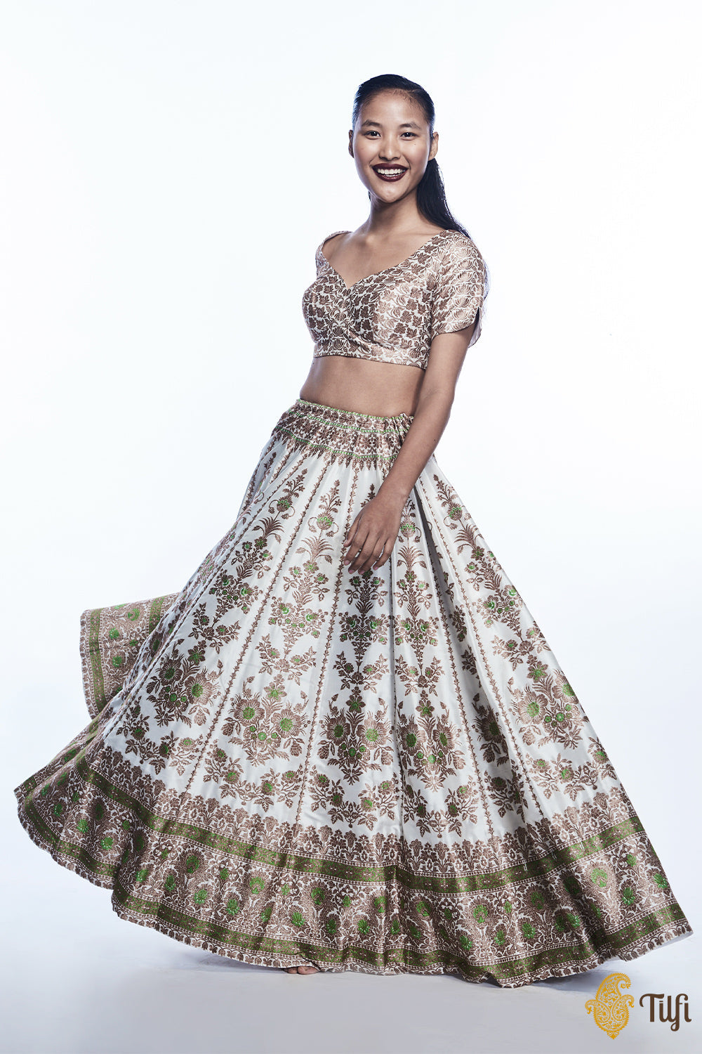 'Nargis' White Pure Katan Silk Banarasi Handloom Lehenga Set