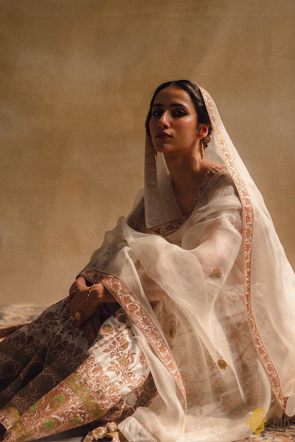 'Nargis' White Pure Katan Silk Banarasi Handloom Lehenga Set