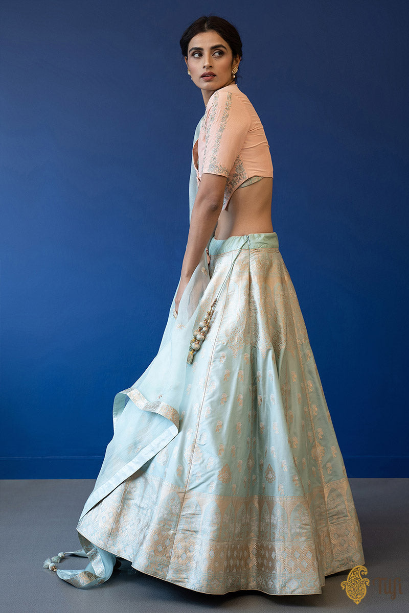 'Nilofer' Light Blue Pure Katan Silk Banarasi Handloom Lehenga Set