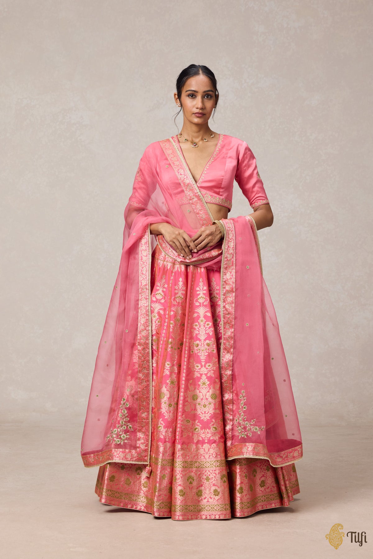'Nargis' Pink Pure Katan Silk Banarasi Handloom Lehenga Set