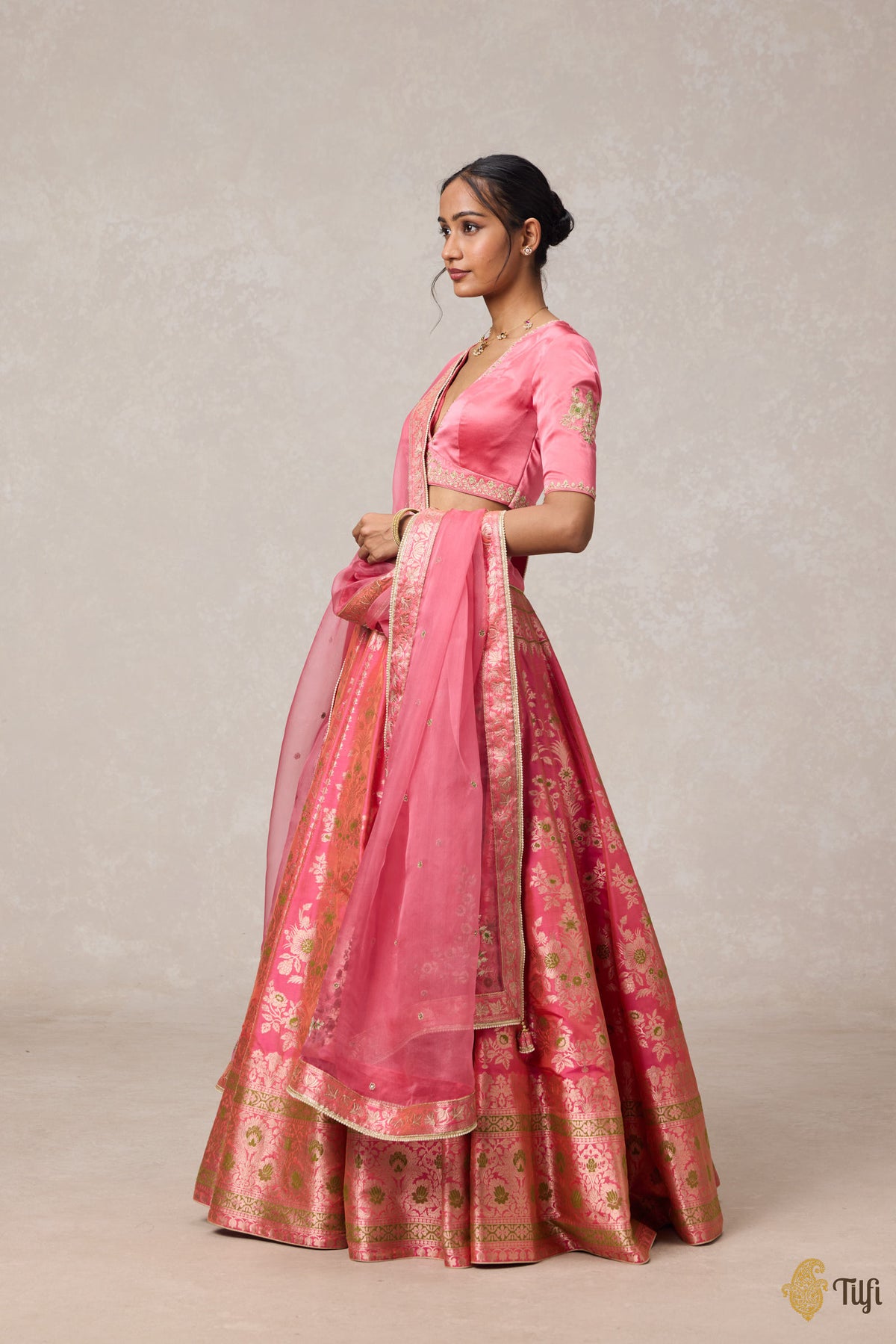 'Nargis' Pink Pure Katan Silk Banarasi Handloom Lehenga Set