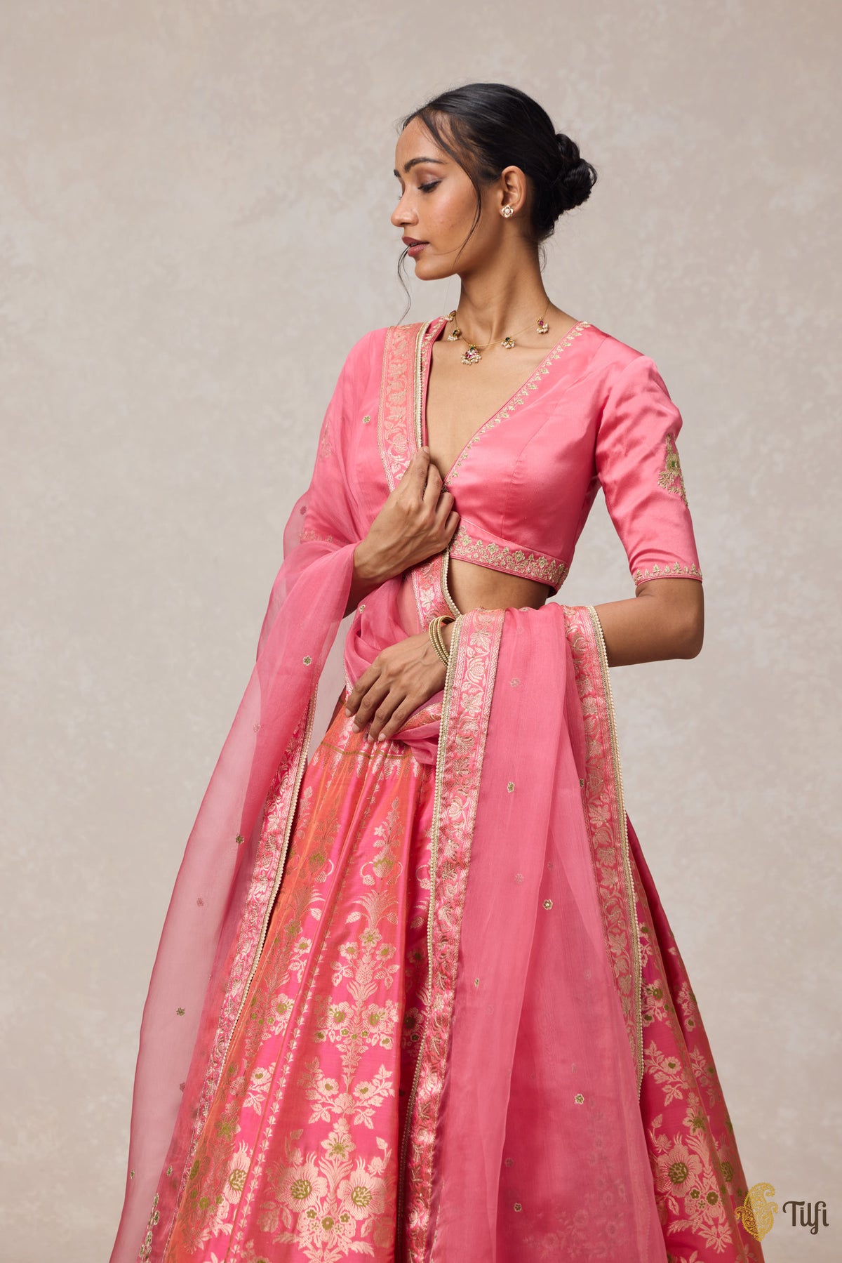'Nargis' Pink Pure Katan Silk Banarasi Handloom Lehenga Set