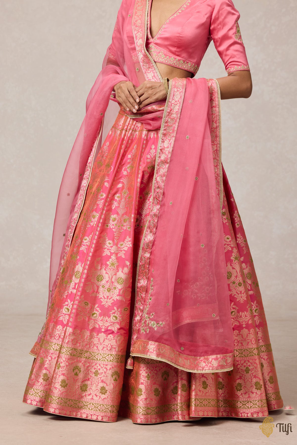 'Nargis' Pink Pure Katan Silk Banarasi Handloom Lehenga Set