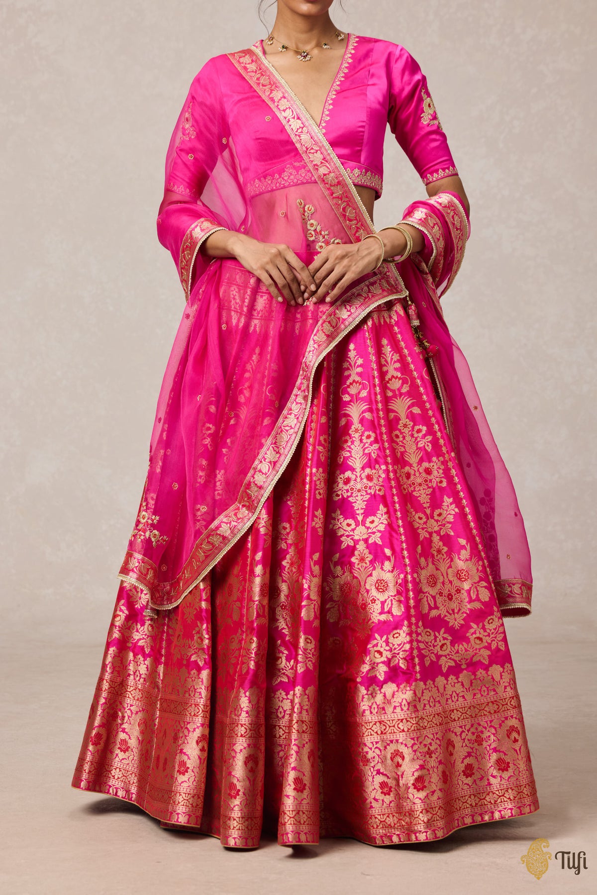 'Nargis' Rani Pink Pure Katan Silk Banarasi Handloom Lehenga Set