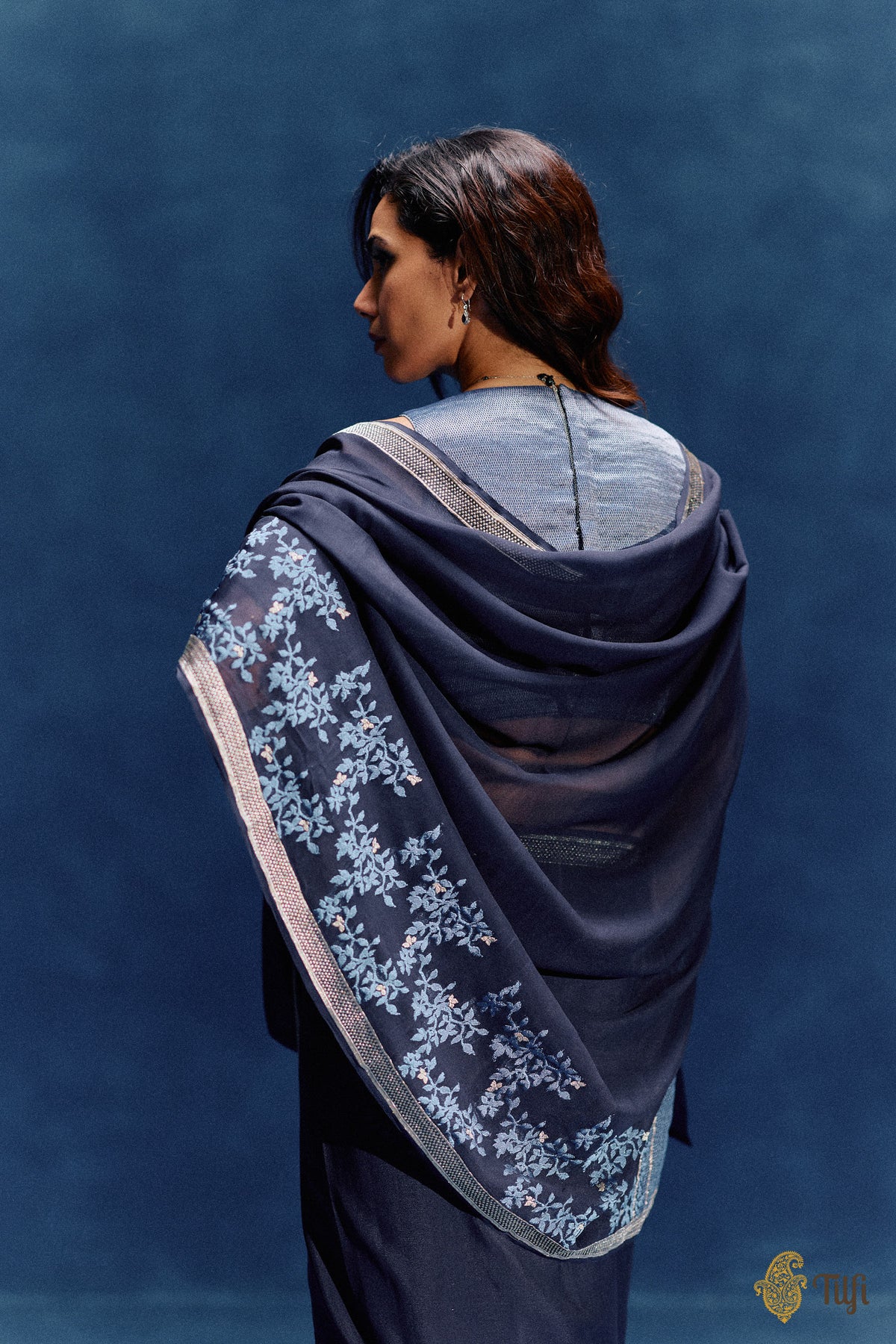 Pre-Order: 'Branches of Yasmine' Deep Navy Pure Khaddi Georgette Banarasi Handloom Saree