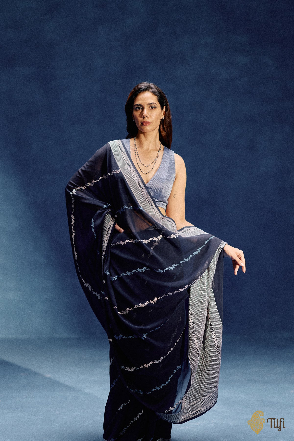 Pre-Order: 'Moods of the Moon' Deep Navy Pure Khaddi Georgette Banarasi Handloom Saree