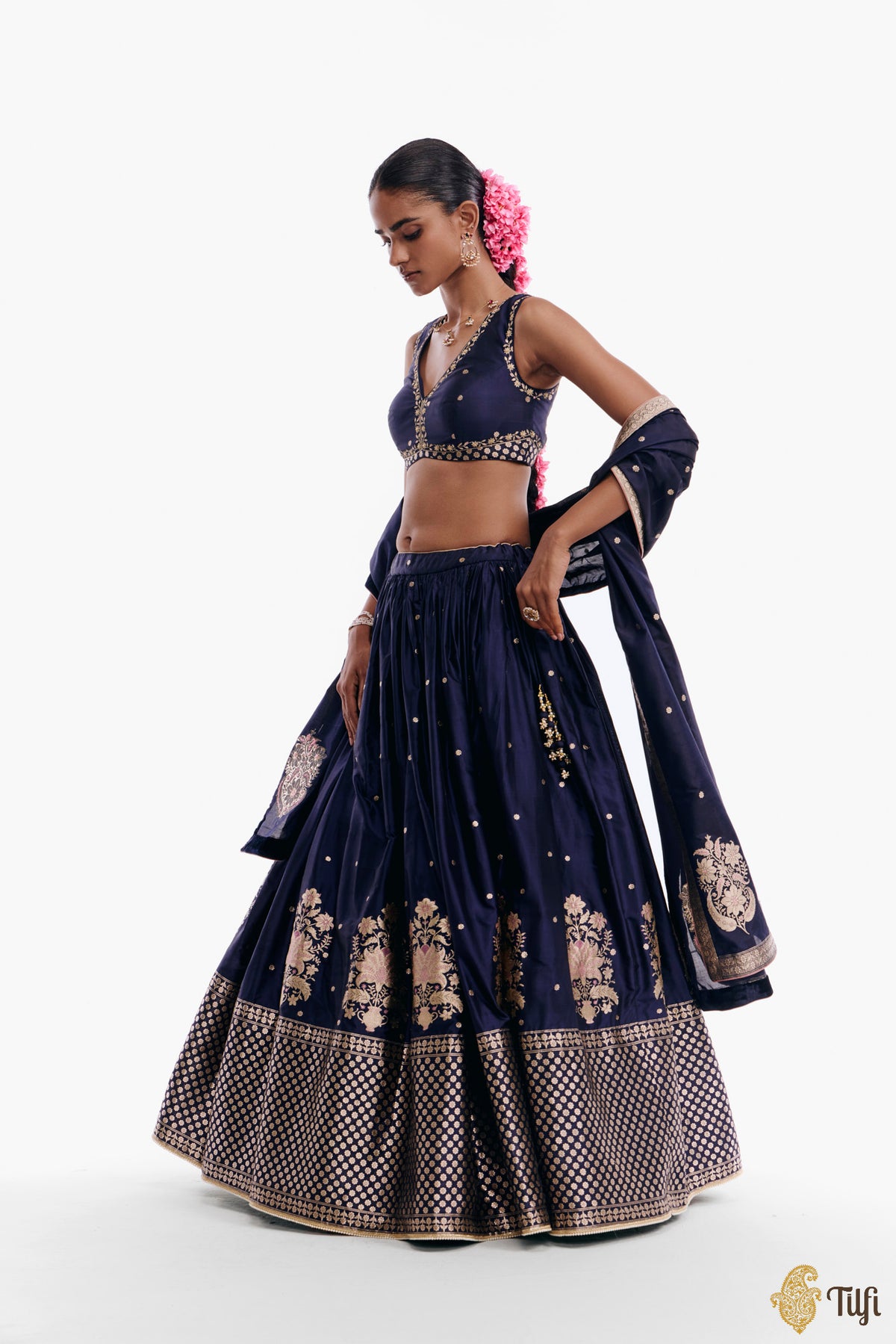 'Amreen' Blue Pure Katan Silk Banarasi Handloom Lehenga Set