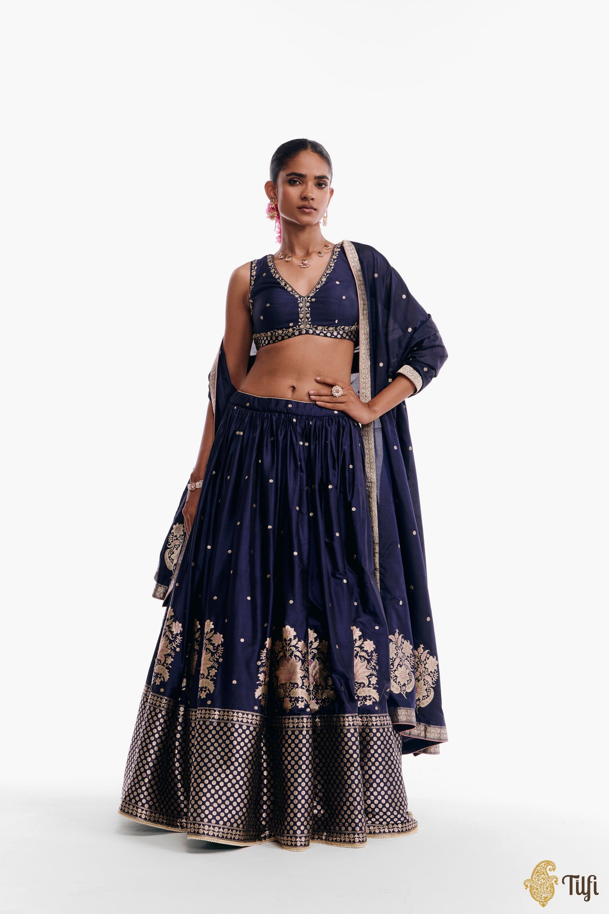 'Amreen' Blue Pure Katan Silk Banarasi Handloom Lehenga Set