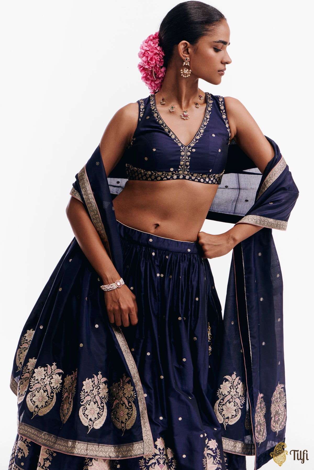 'Amreen' Blue Pure Katan Silk Banarasi Handloom Lehenga Set