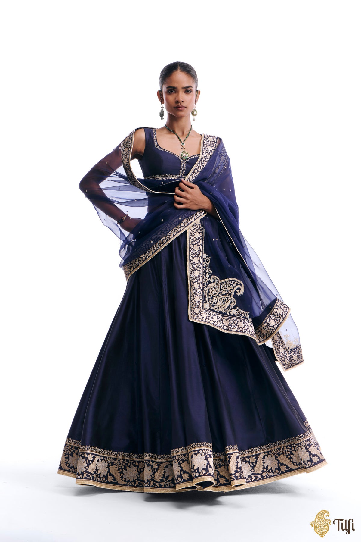 'Sabah' Blue Pure Katan Silk Banarasi Handloom Lehenga Set