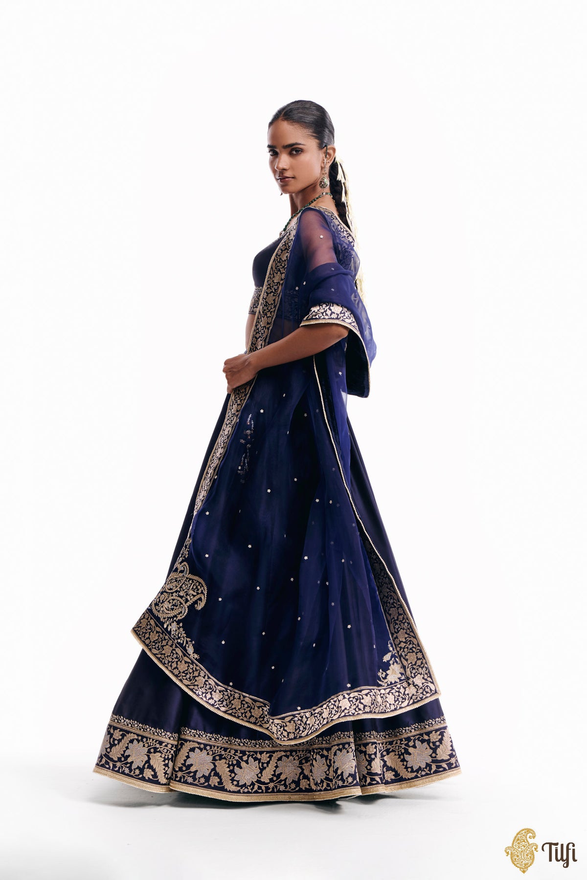 'Sabah' Blue Pure Katan Silk Banarasi Handloom Lehenga Set