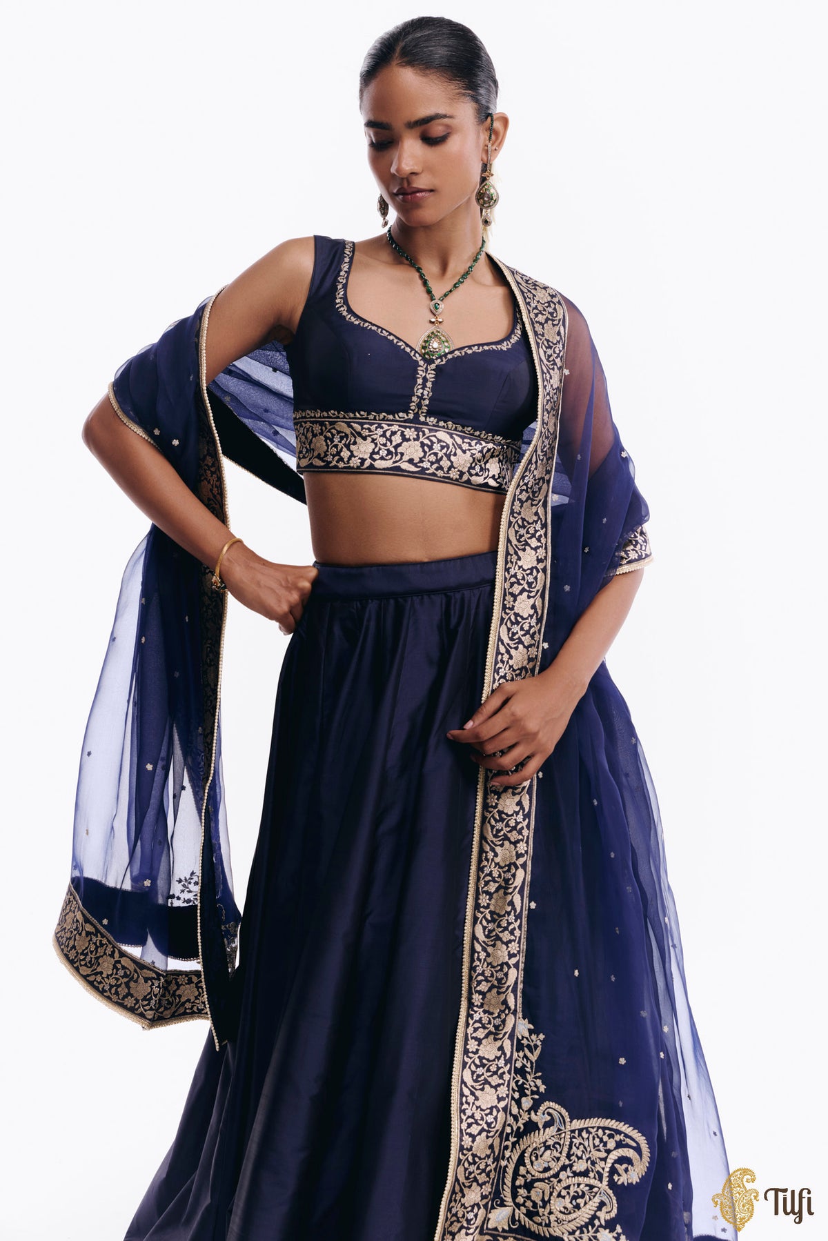 'Sabah' Blue Pure Katan Silk Banarasi Handloom Lehenga Set