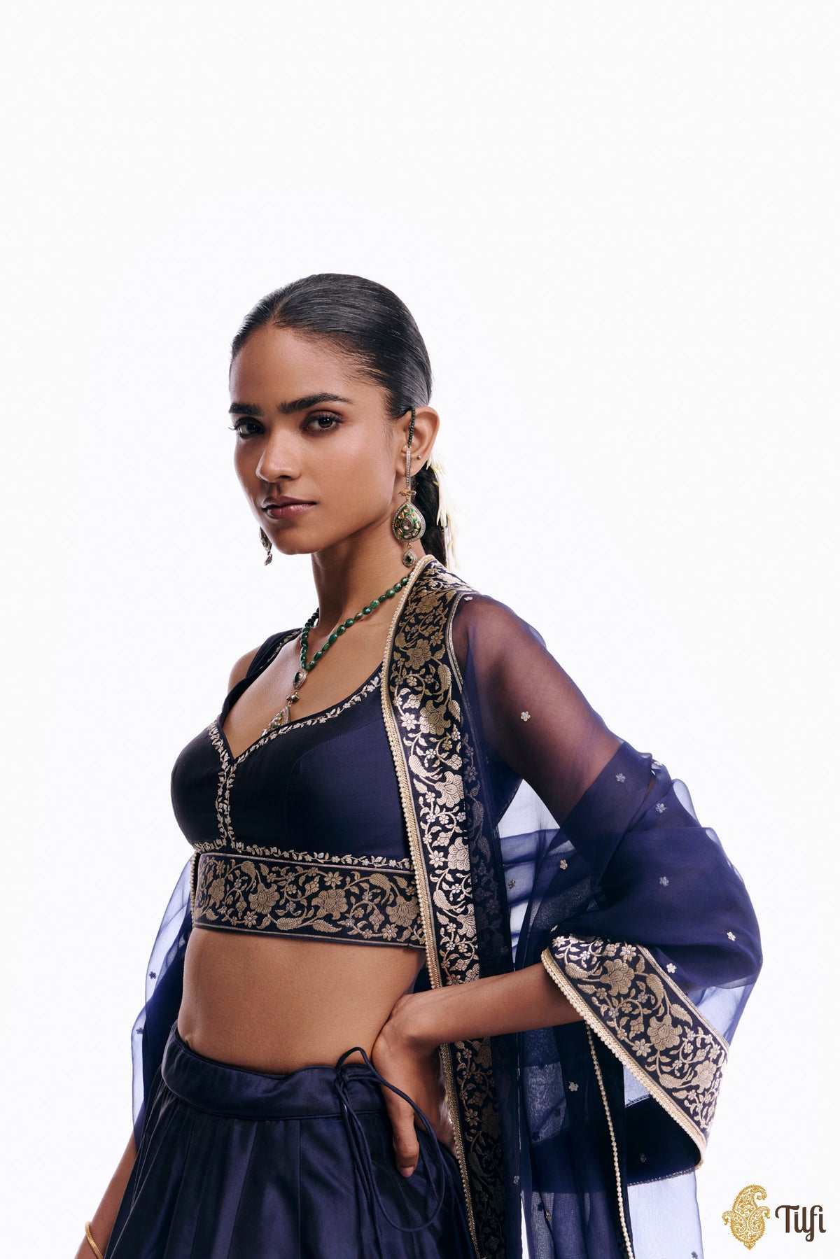 'Sabah' Blue Pure Katan Silk Banarasi Handloom Lehenga Set