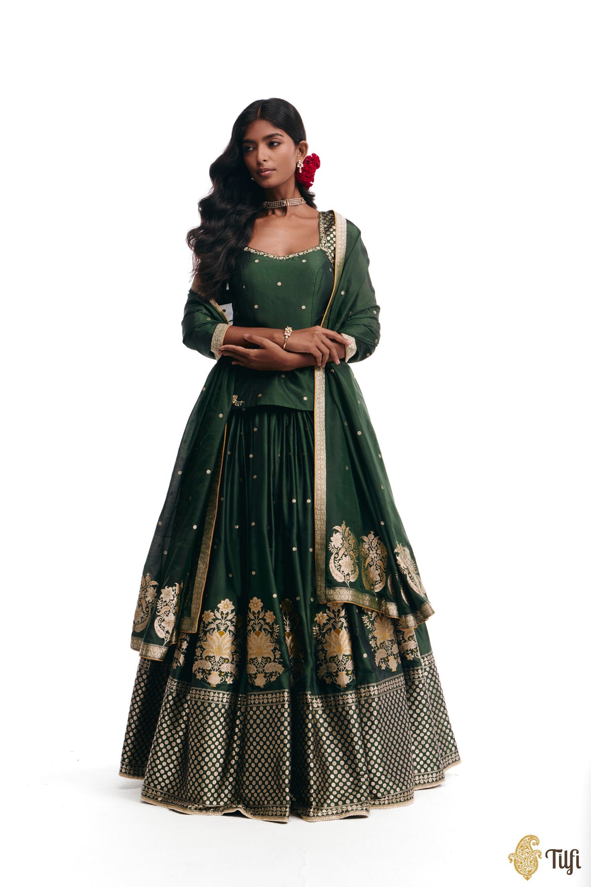 'Amreen' Green Pure Katan Silk Banarasi Handloom Lehenga Set