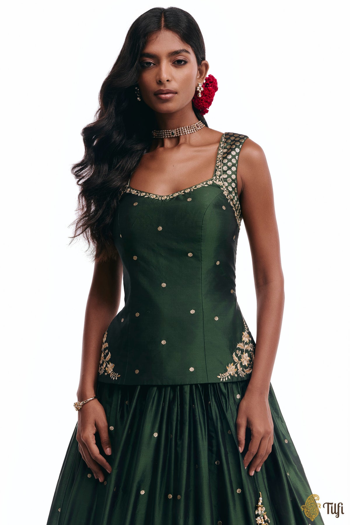 'Amreen' Green Pure Katan Silk Banarasi Handloom Lehenga Set