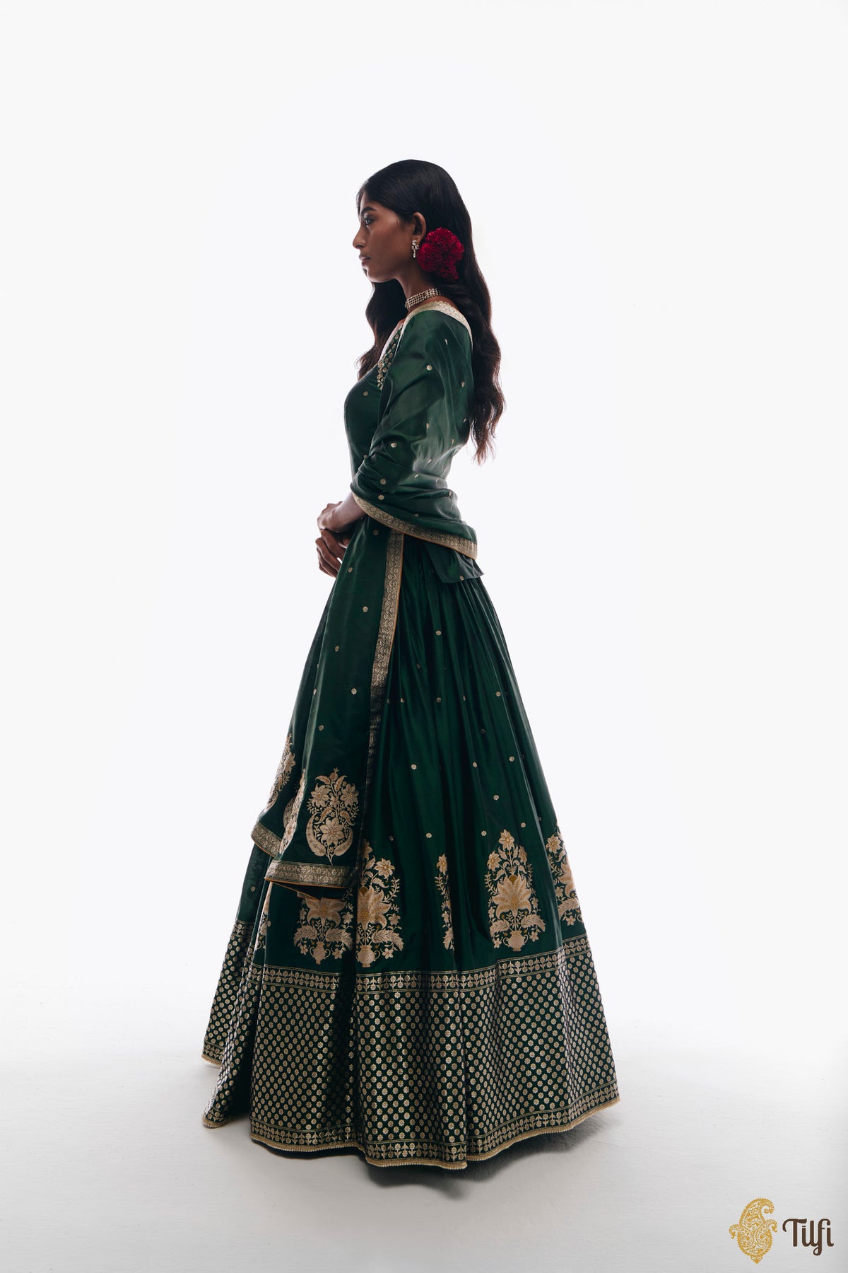 'Amreen' Green Pure Katan Silk Banarasi Handloom Lehenga Set