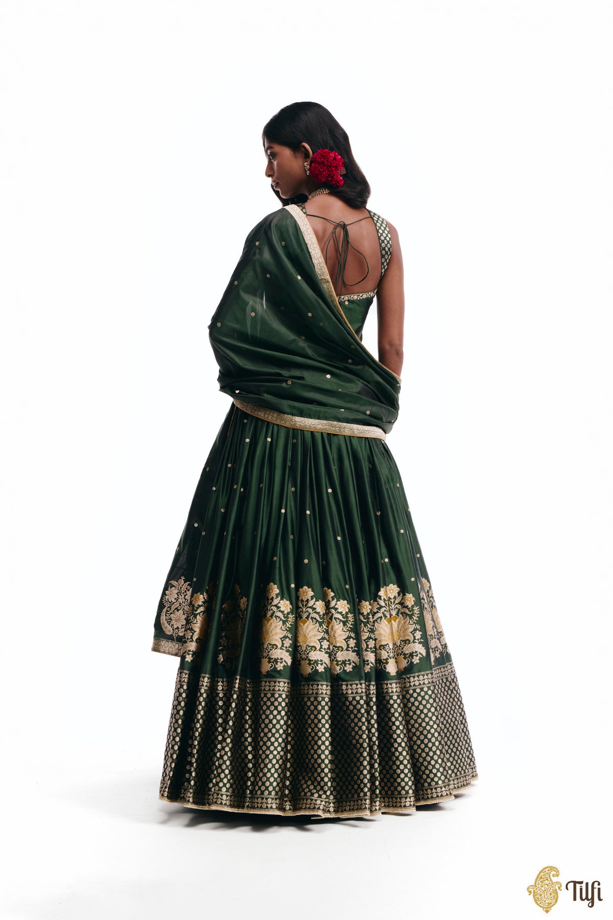 'Amreen' Green Pure Katan Silk Banarasi Handloom Lehenga Set