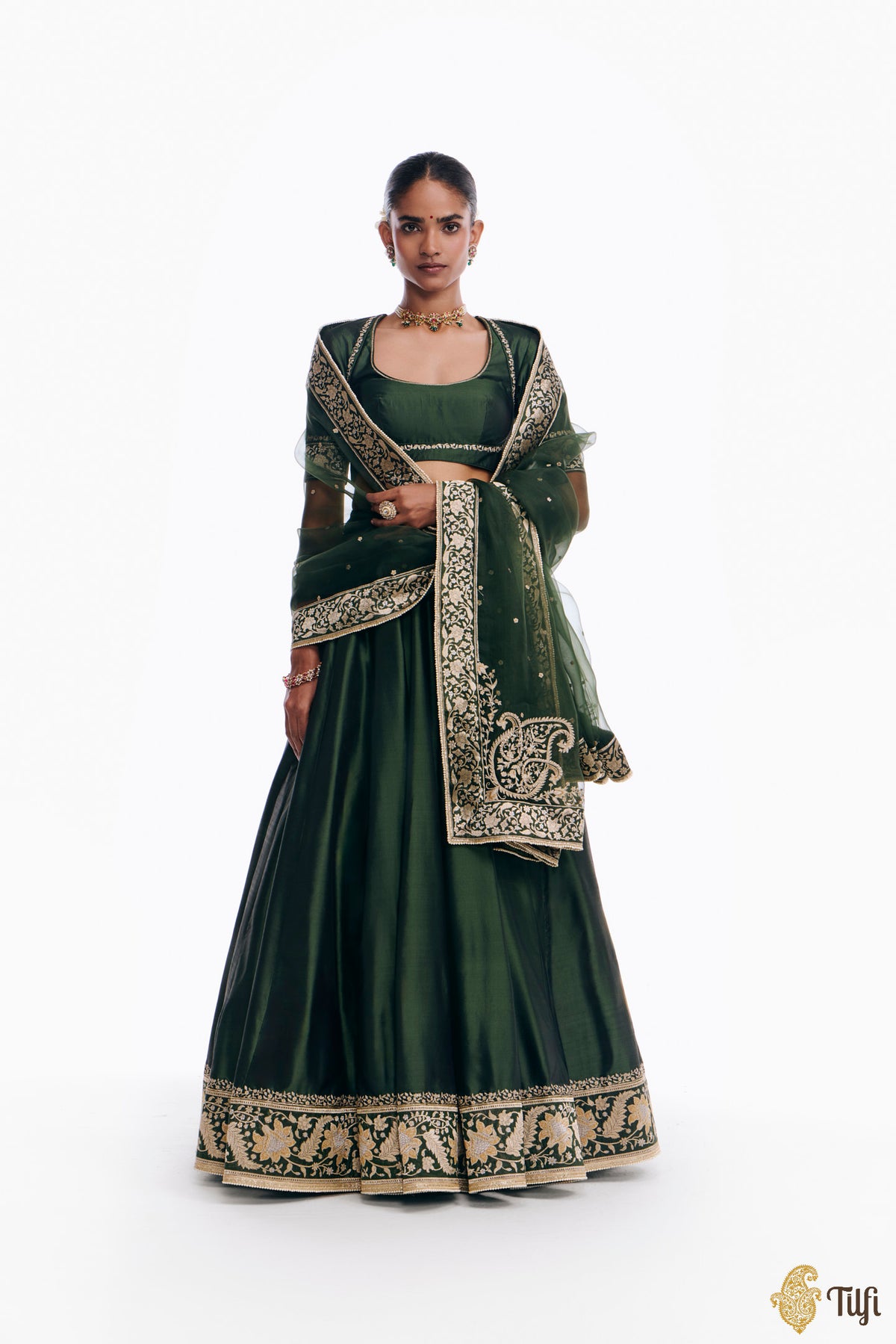'Sabah' Green Pure Katan Silk Banarasi Handloom Lehenga Set