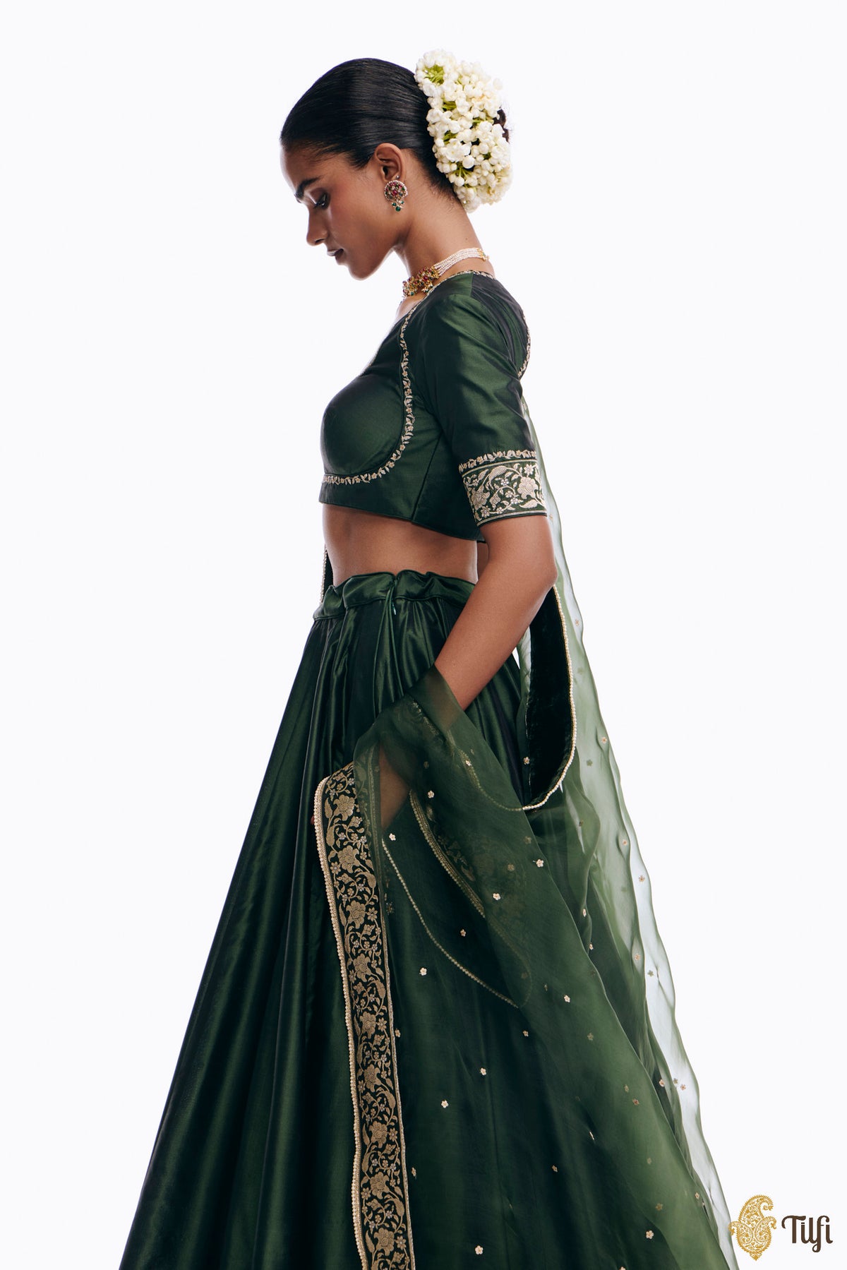 'Sabah' Green Pure Katan Silk Banarasi Handloom Lehenga Set