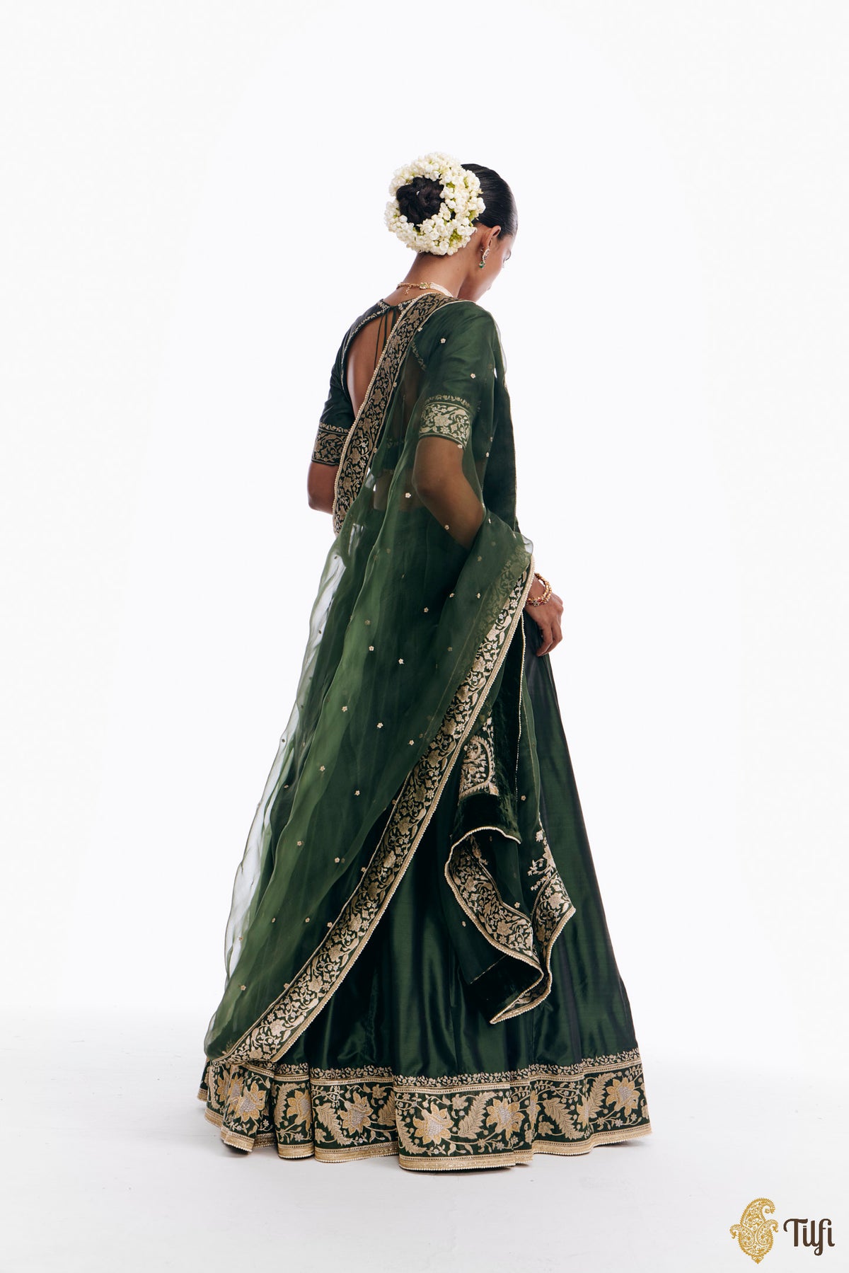 'Sabah' Green Pure Katan Silk Banarasi Handloom Lehenga Set