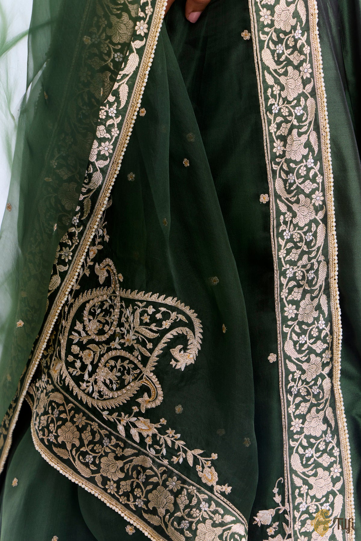 'Sabah' Green Pure Katan Silk Banarasi Handloom Lehenga Set