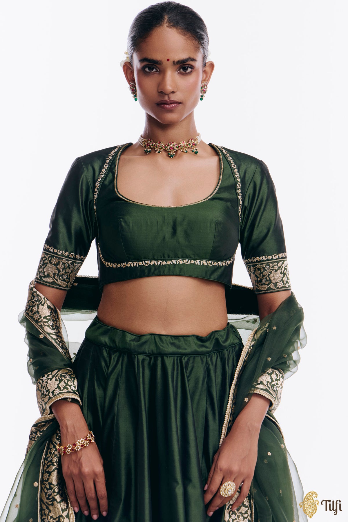 'Sabah' Green Pure Katan Silk Banarasi Handloom Lehenga Set