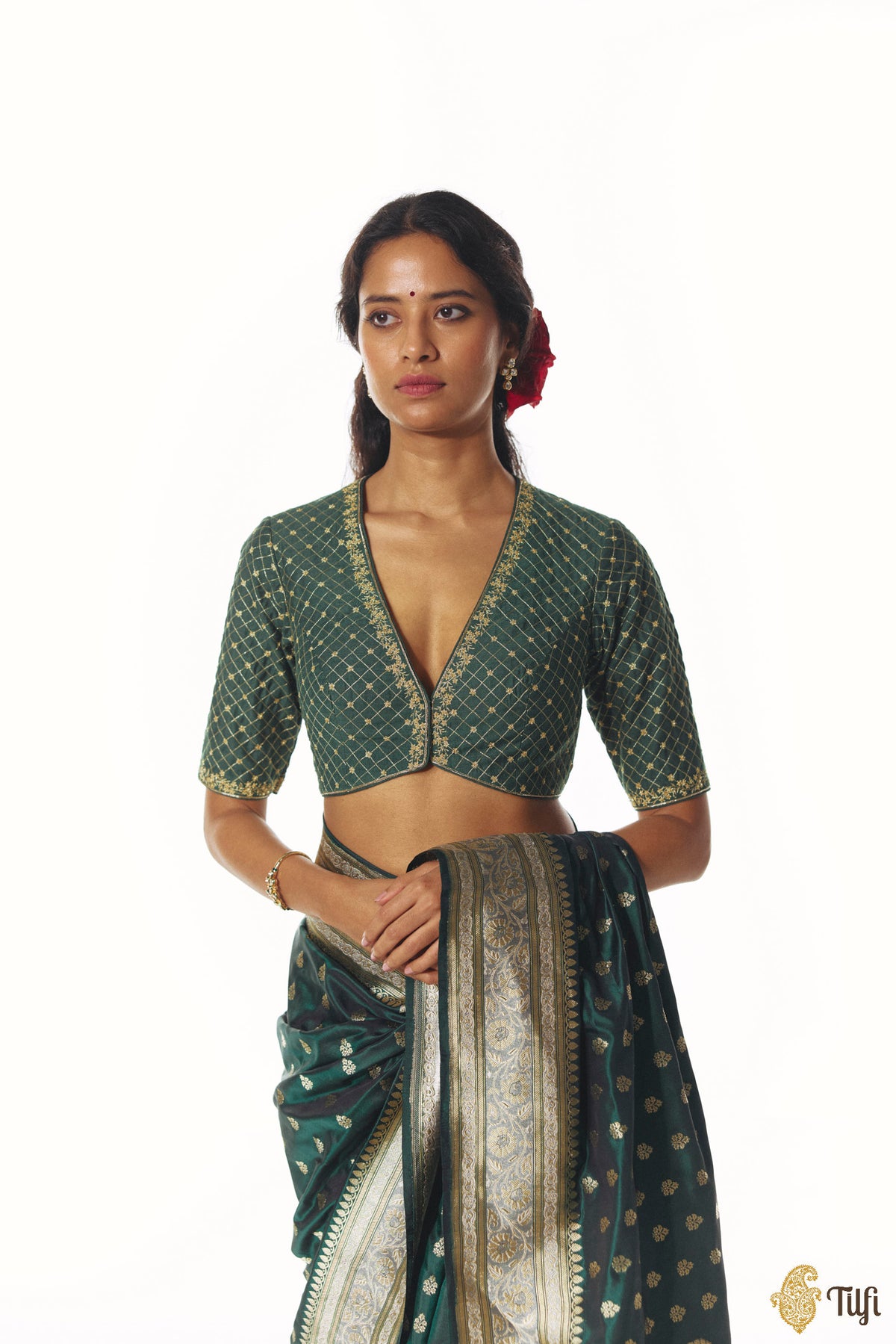 Green Hand-embroidered Pure Raw Silk Blouse