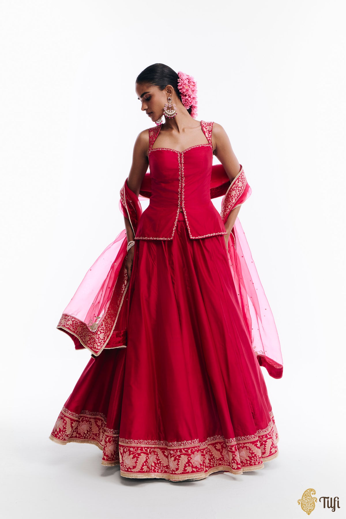 'Sabah' Pink Pure Katan Silk Banarasi Handloom Lehenga Set