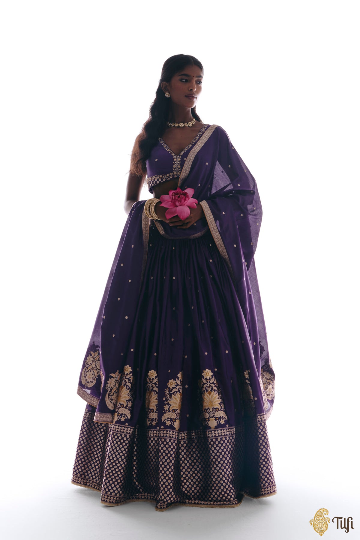 'Amreen' Purple Pure Katan Silk Banarasi Handloom Lehenga Set