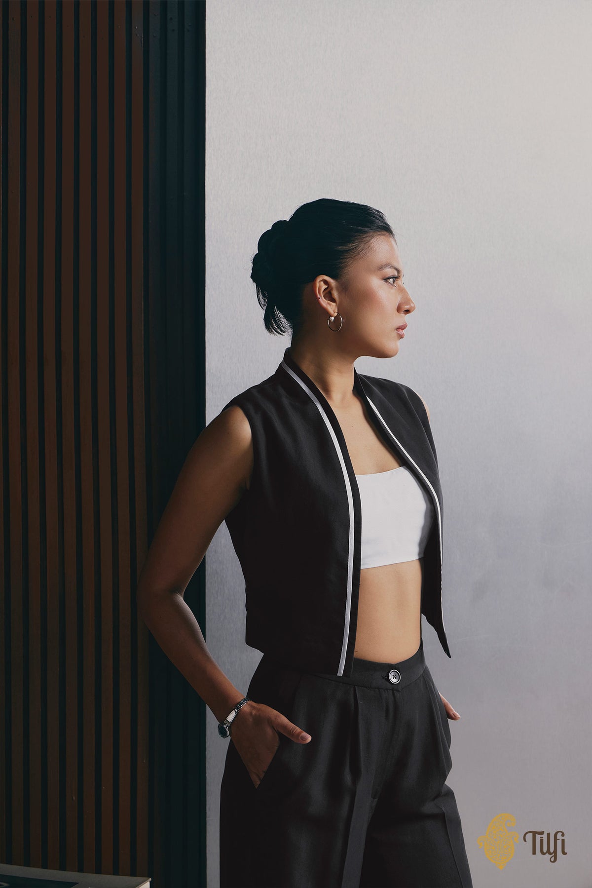 Black Pure Silk Rib Layered Blouse