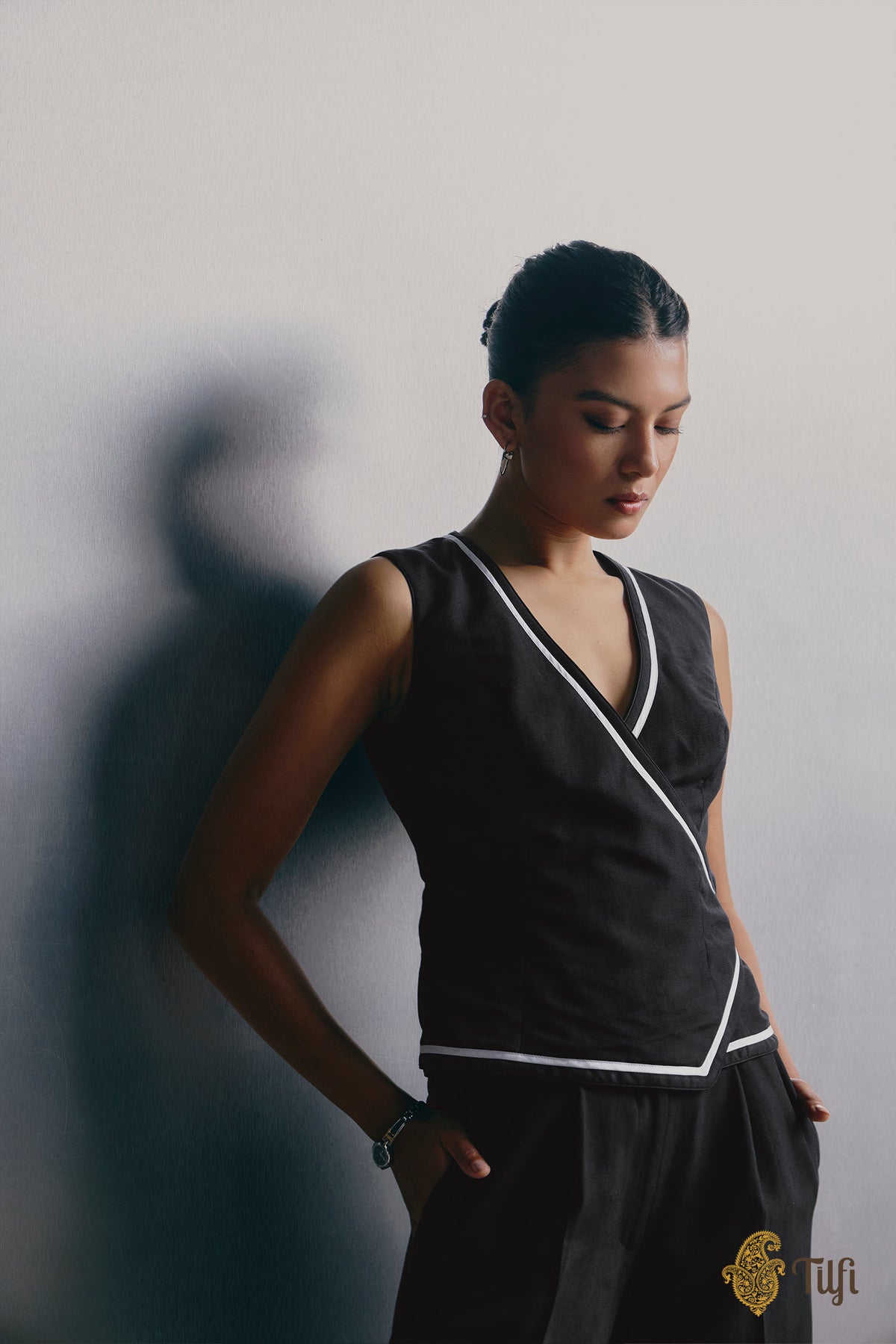 Black Pure Silk Rib Sleeveless Angrakha Blouse