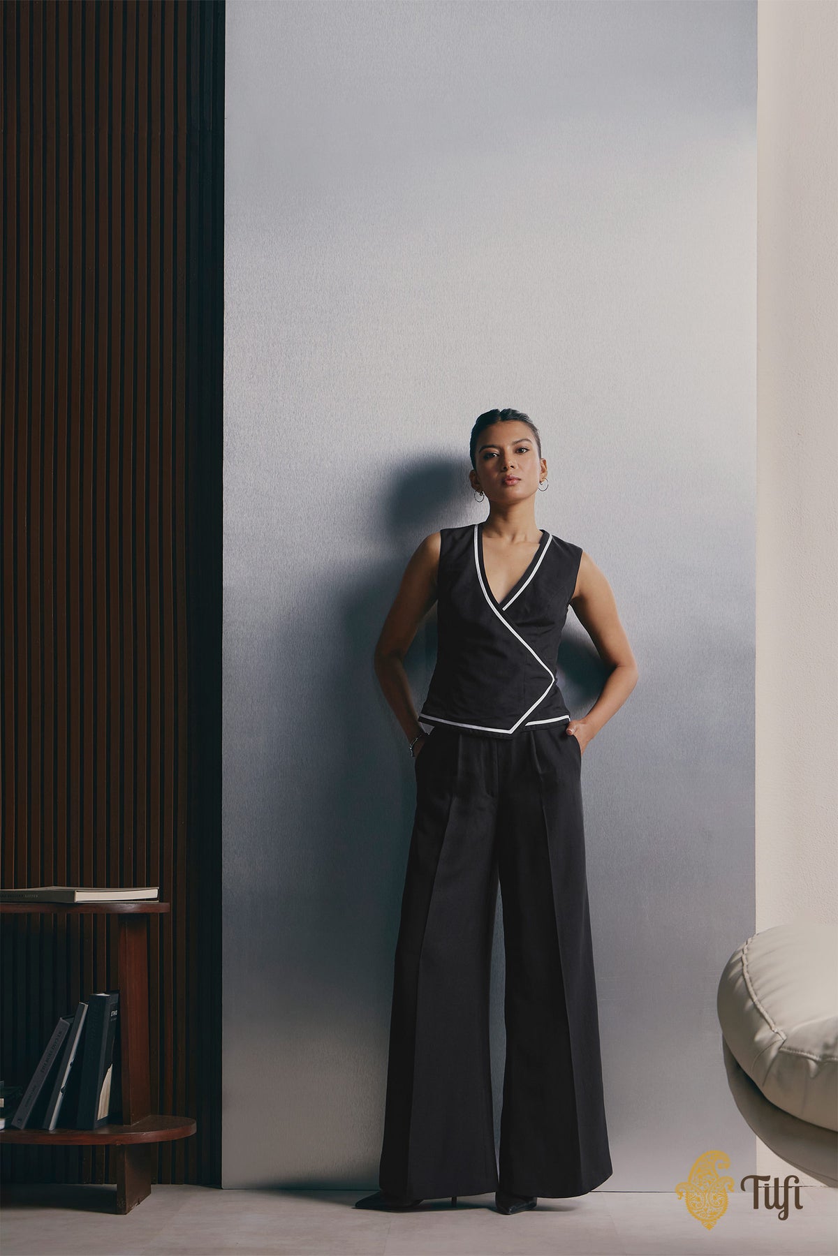 Black Pure Silk Rib Sleeveless Angrakha Blouse