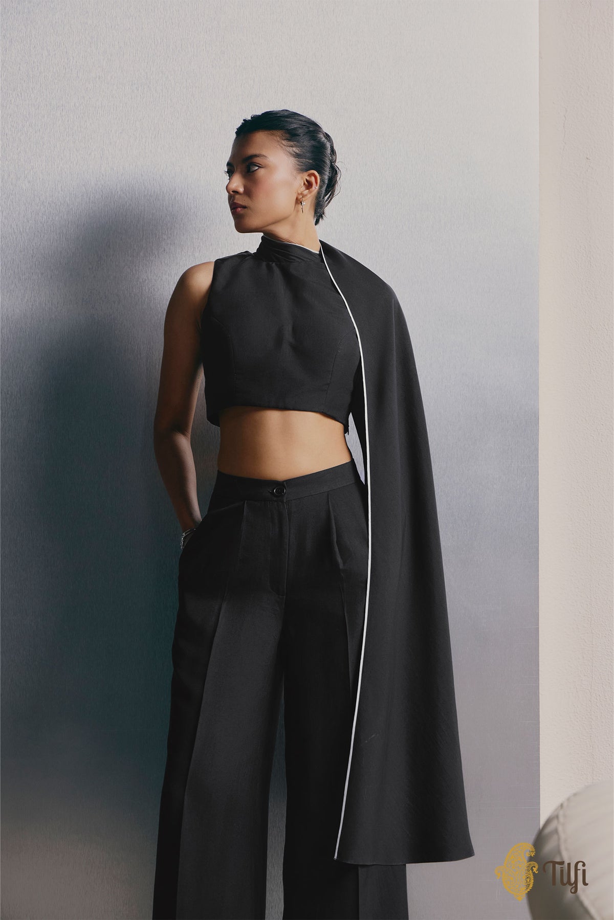 Black Pure Silk Rib Sleeveless Blouse With Draped Scarf