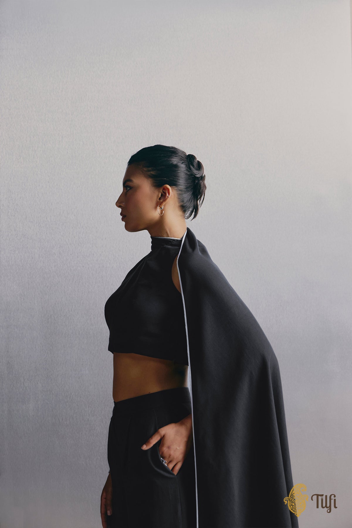 Black Pure Silk Rib Sleeveless Blouse With Draped Scarf