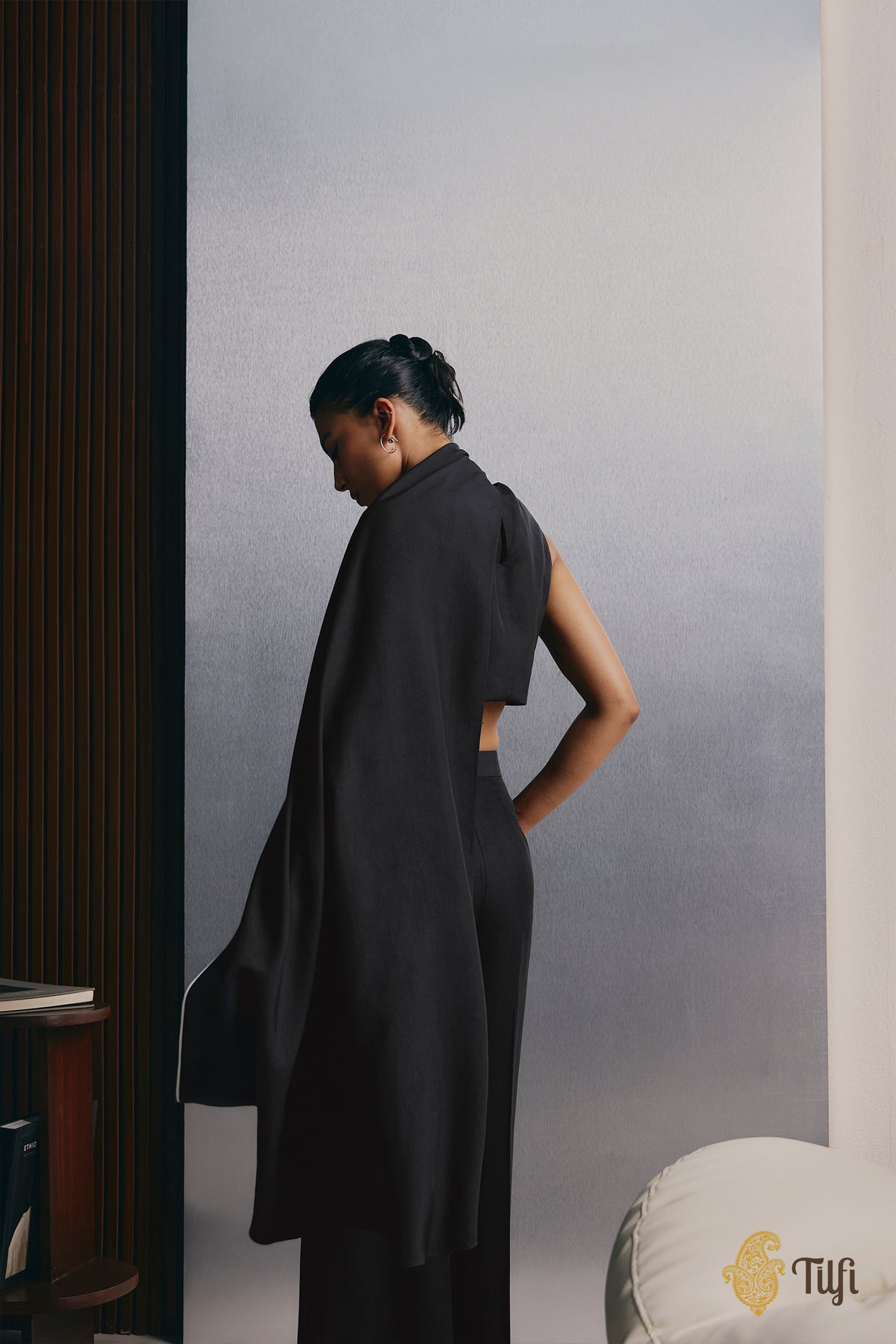 Black Pure Silk Rib Sleeveless Blouse With Draped Scarf