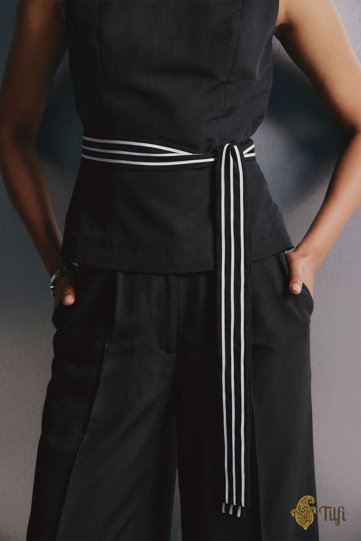 Black Pure Silk Rib Long Blouse