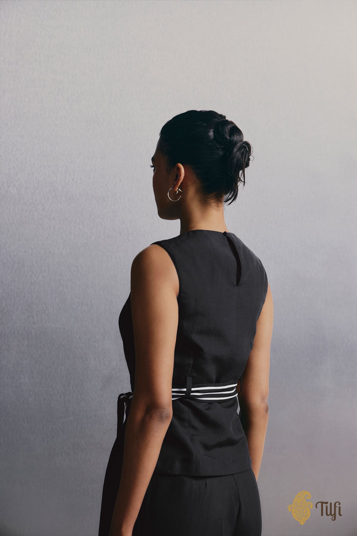 Black Pure Silk Rib Long Blouse