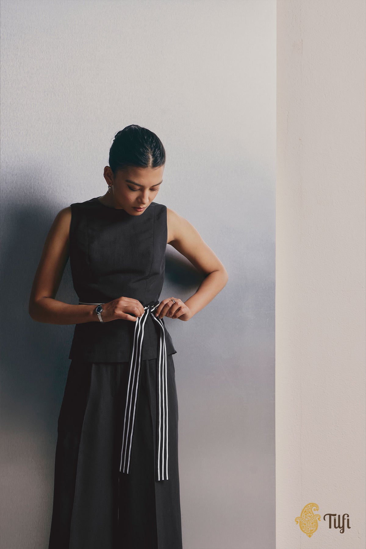 Black Pure Silk Rib Long Blouse