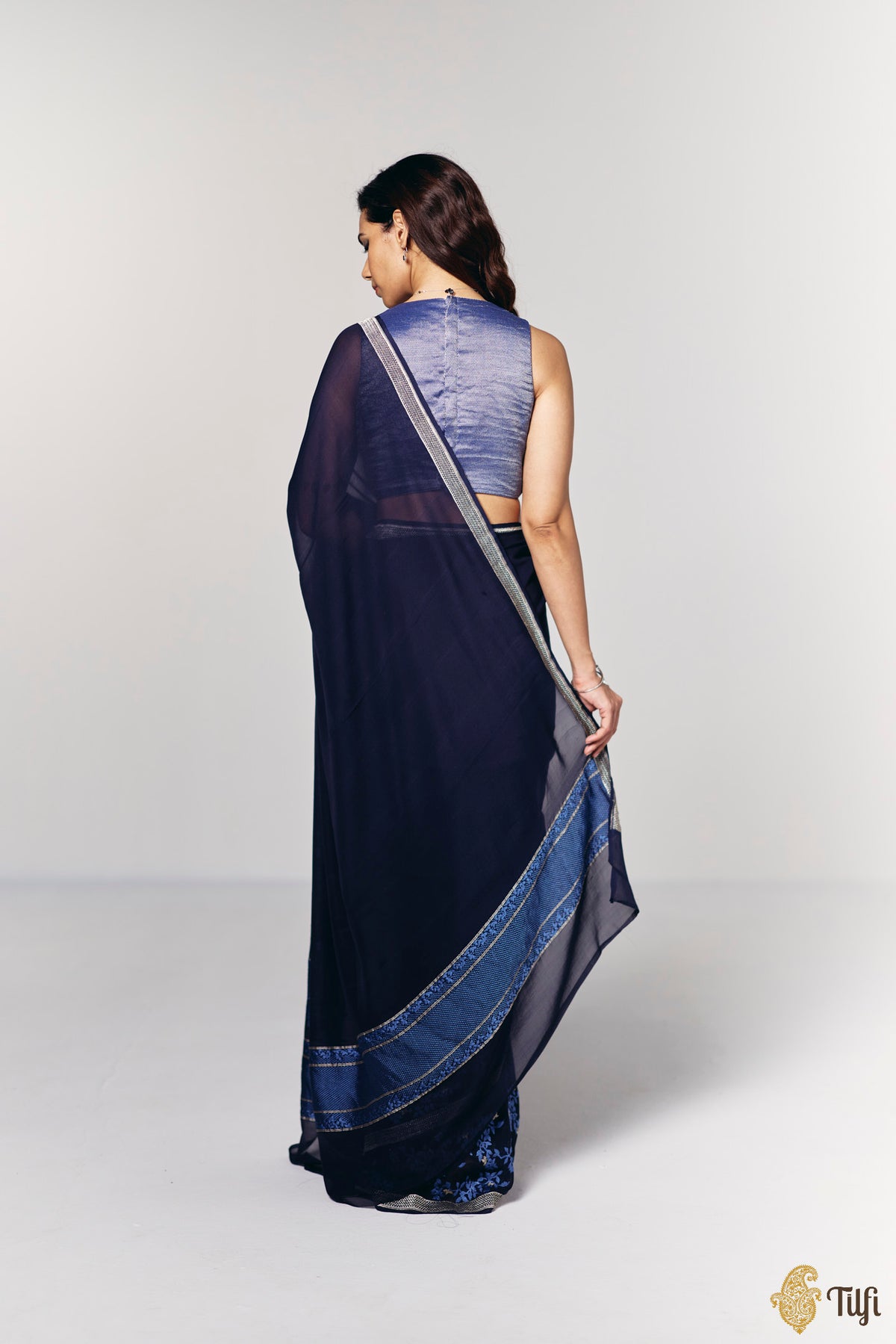 Pre-Order: 'Branches of Yasmine' Deep Navy Pure Khaddi Georgette Banarasi Handloom Saree