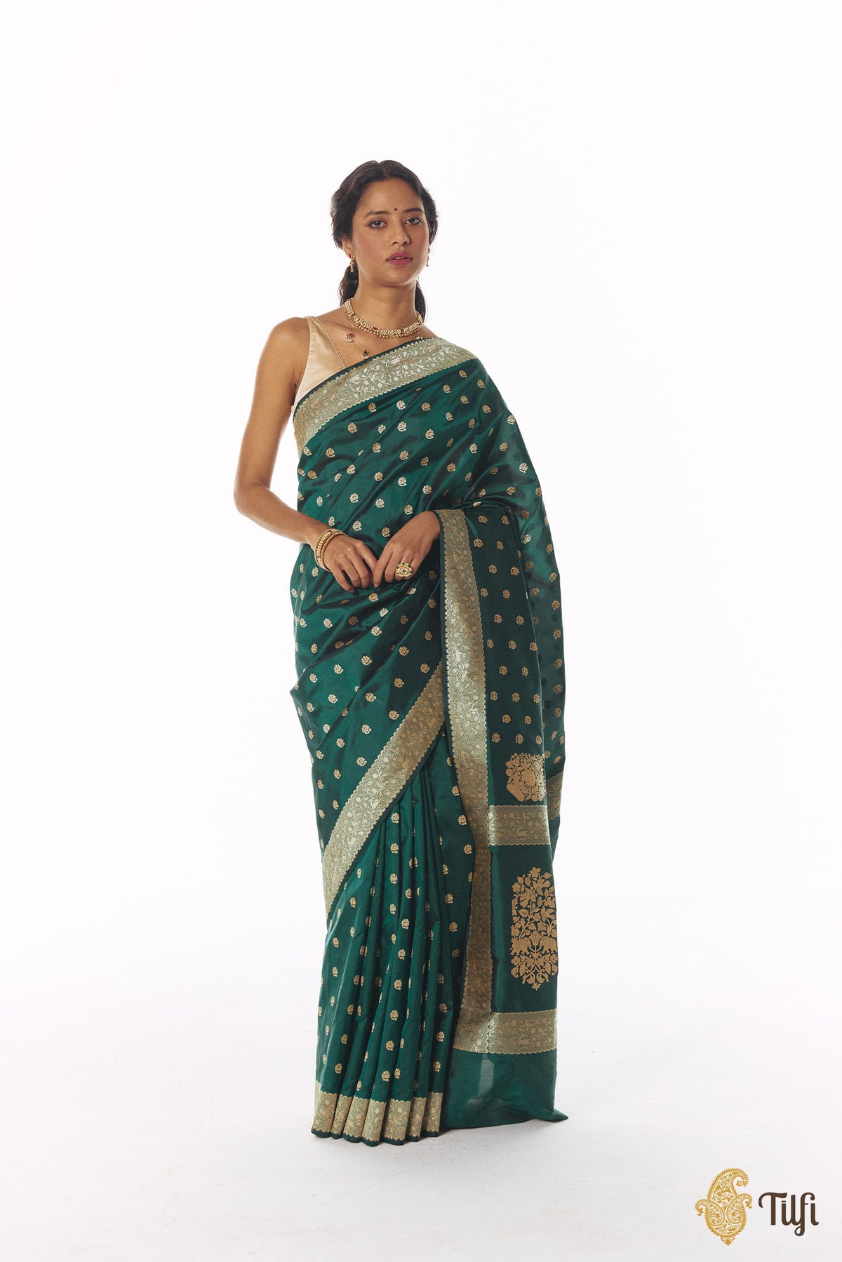 Pre-Order: 'Janaki' Bottle Green Pure Katan Silk Real Zari Banarasi Handloom Saree